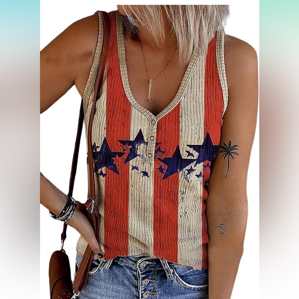 NWOT American Flag Ribbed Tank Tops Button Down Stretch Sleeveless USA Flag